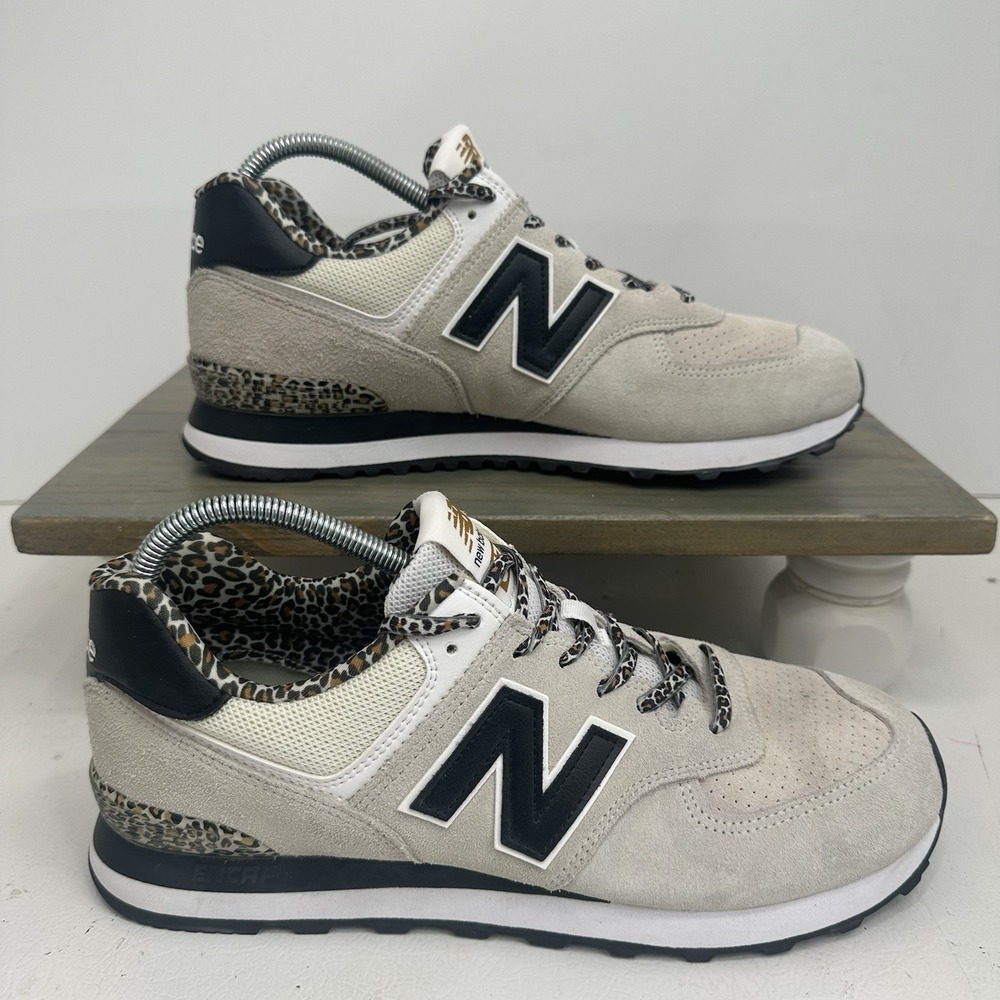 New Balance 574 Women's 12 White Leopard Cream Suede Sneakers Animal Print Laces